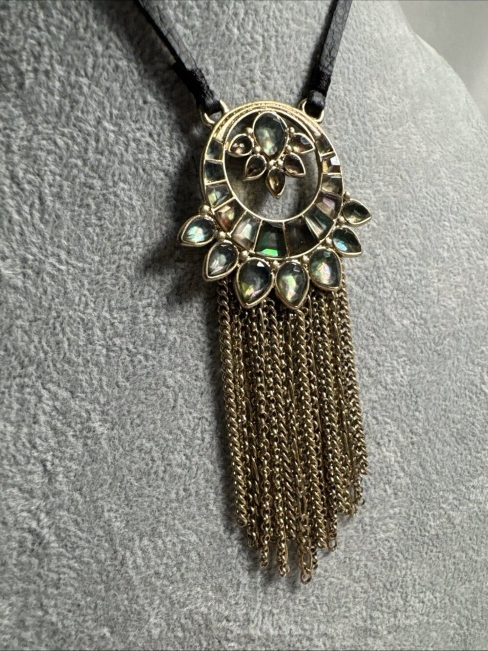 Lucky Brand Gold Tone Fringe Pendant Adjustable Leatherette Cord Boho Statement